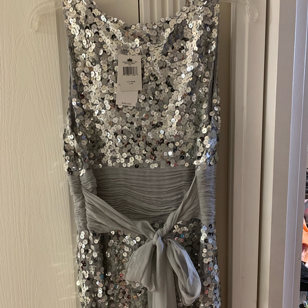 NEW WITHOUT TAGS BCBG Silver sequin dress silk beaded M. holiday new years - Picture 2 of 5